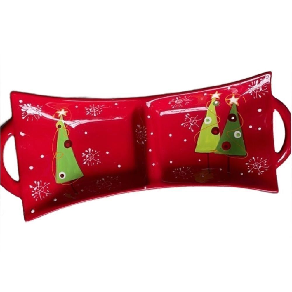 Stone Lite Ceramic Red w/Green Trees Holiday Serving Platter